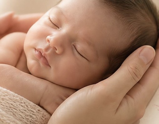 A sleeping newborn cradled in two hands
