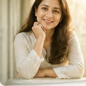 Nalini, smiling, seated by a bright window